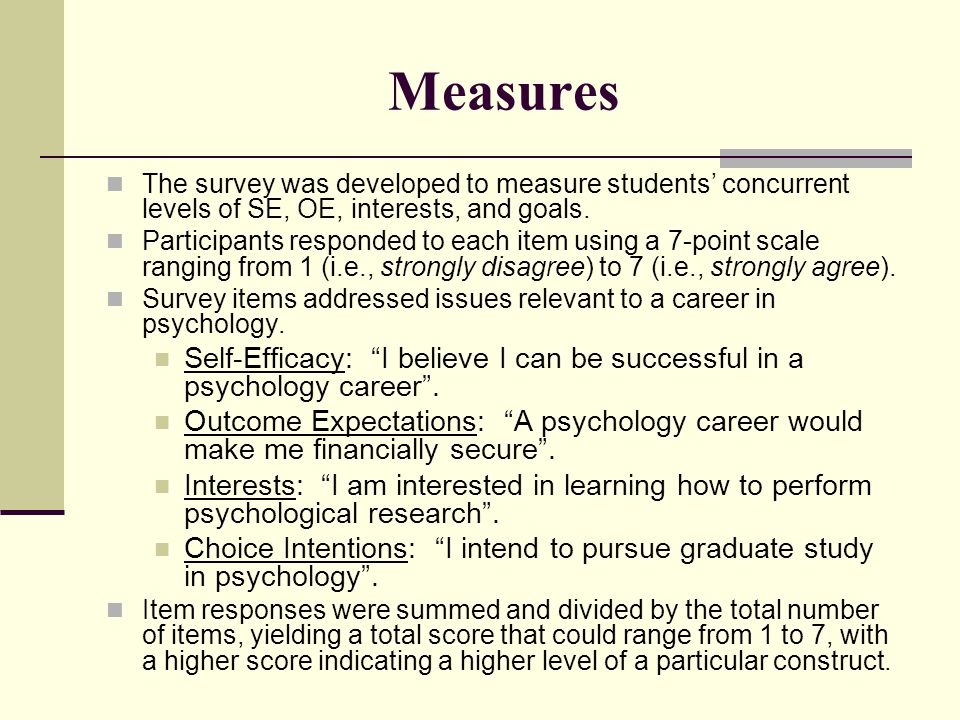 Measures The survey was developed to measure students’ concurrent levels of SE, OE, interests, and goals.