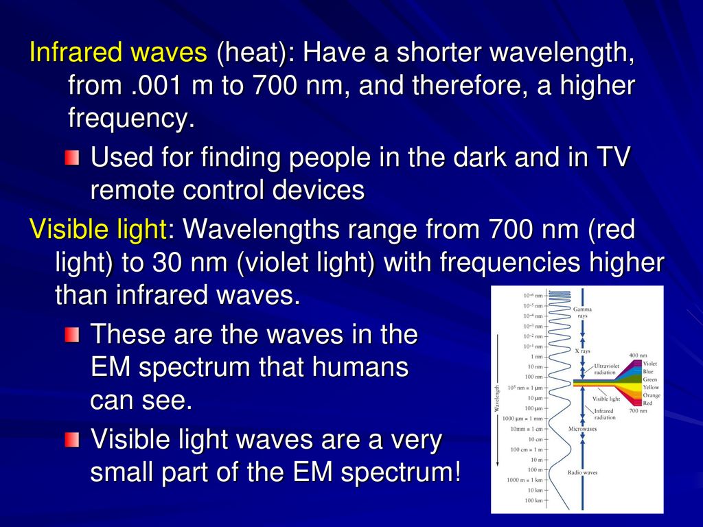 Infrared waves (heat): Have a shorter wavelength, from