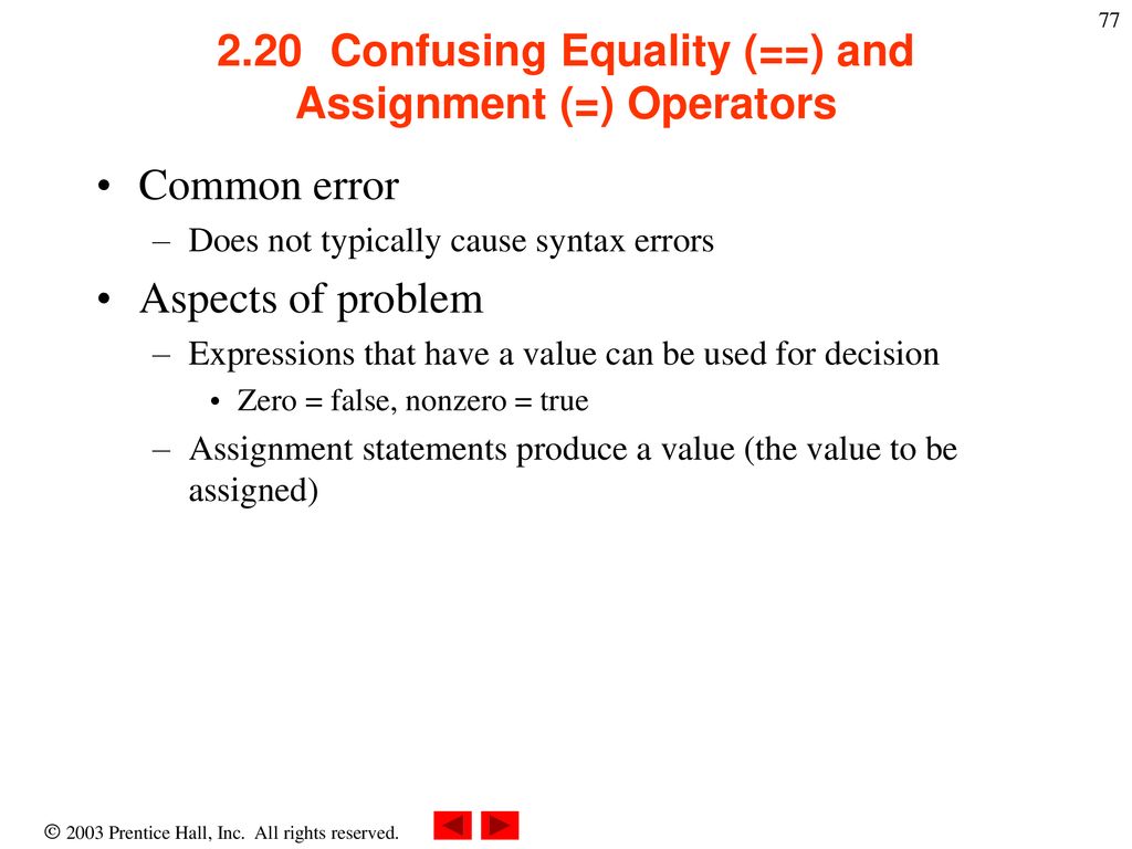 2.20 Confusing Equality (==) and Assignment (=) Operators