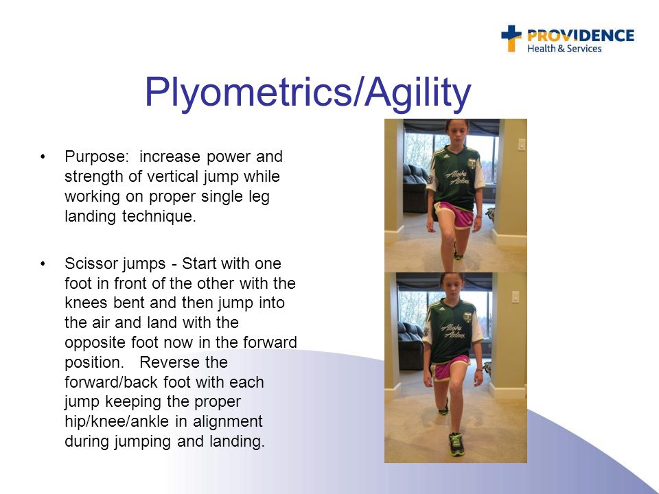 Plyometrics/Agility Purpose: increase power and strength of vertical jump while working on proper single leg landing technique.