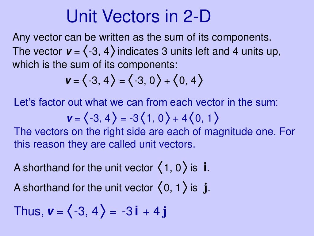 Unit Vectors in 2-D Thus, v =  -3, 4  = -3 i + 4 j