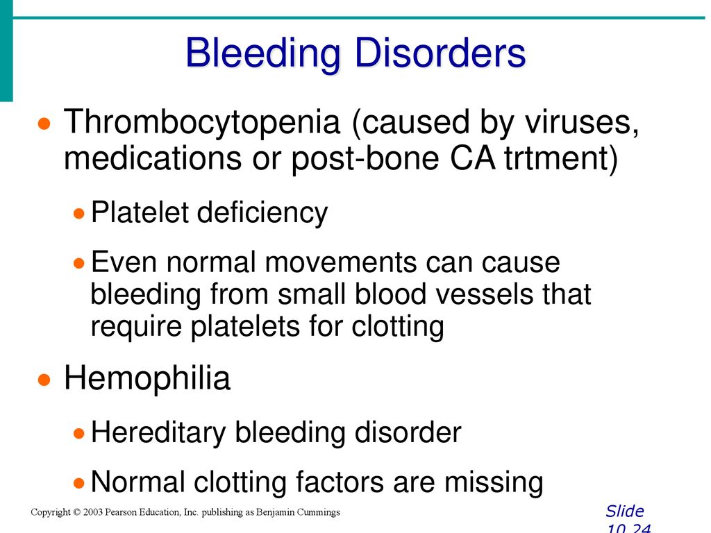 Bleeding Disorders Thrombocytopenia (caused by viruses, medications or post-bone CA trtment) Platelet deficiency.