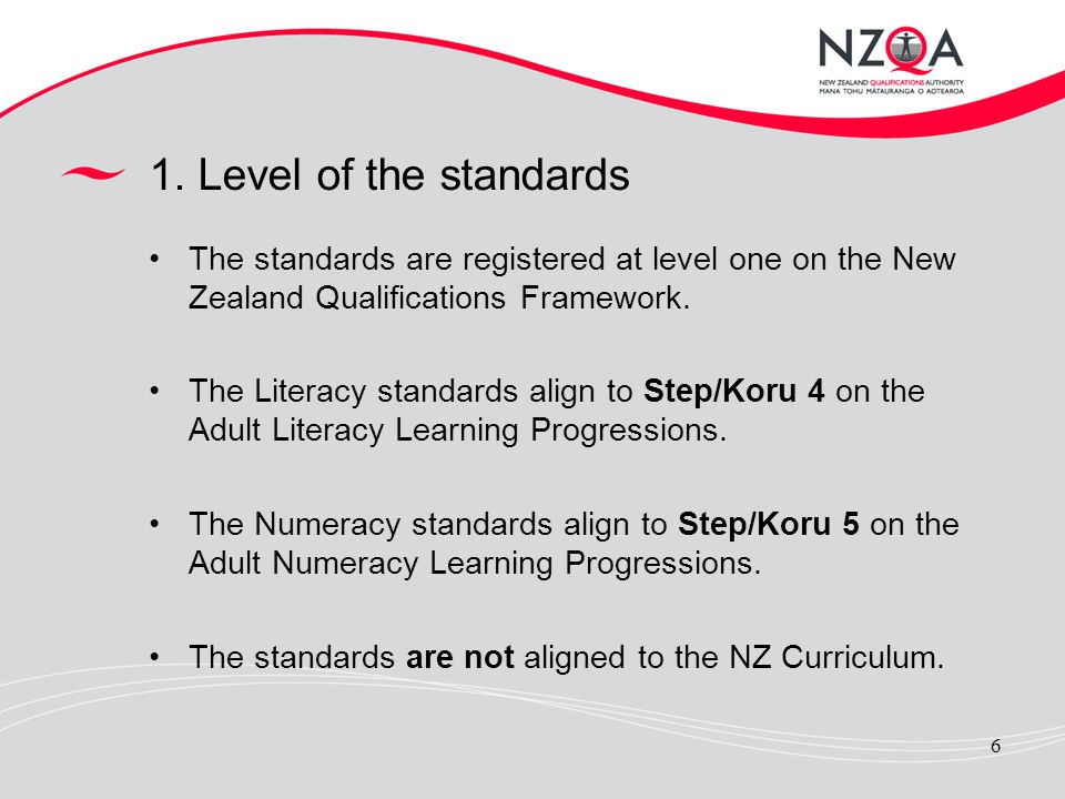 1. Level of the standards The standards are registered at level one on the New Zealand Qualifications Framework.