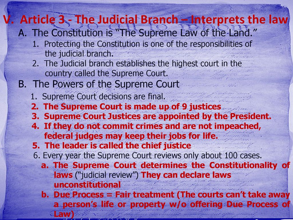 V. Article 3 - The Judicial Branch – Interprets the law