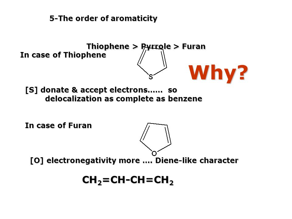 Why 5-The order of aromaticity Thiophene > Pyrrole > Furan