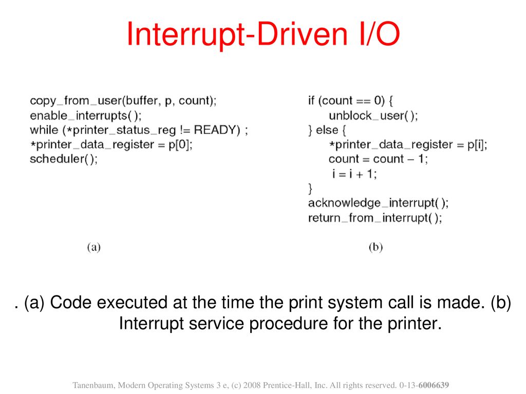 Interrupt-Driven I/O . (a) Code executed at the time the print system call is made. (b) Interrupt service procedure for the printer.