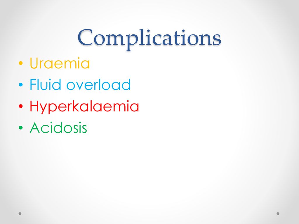 Complications Uraemia Fluid overload Hyperkalaemia Acidosis