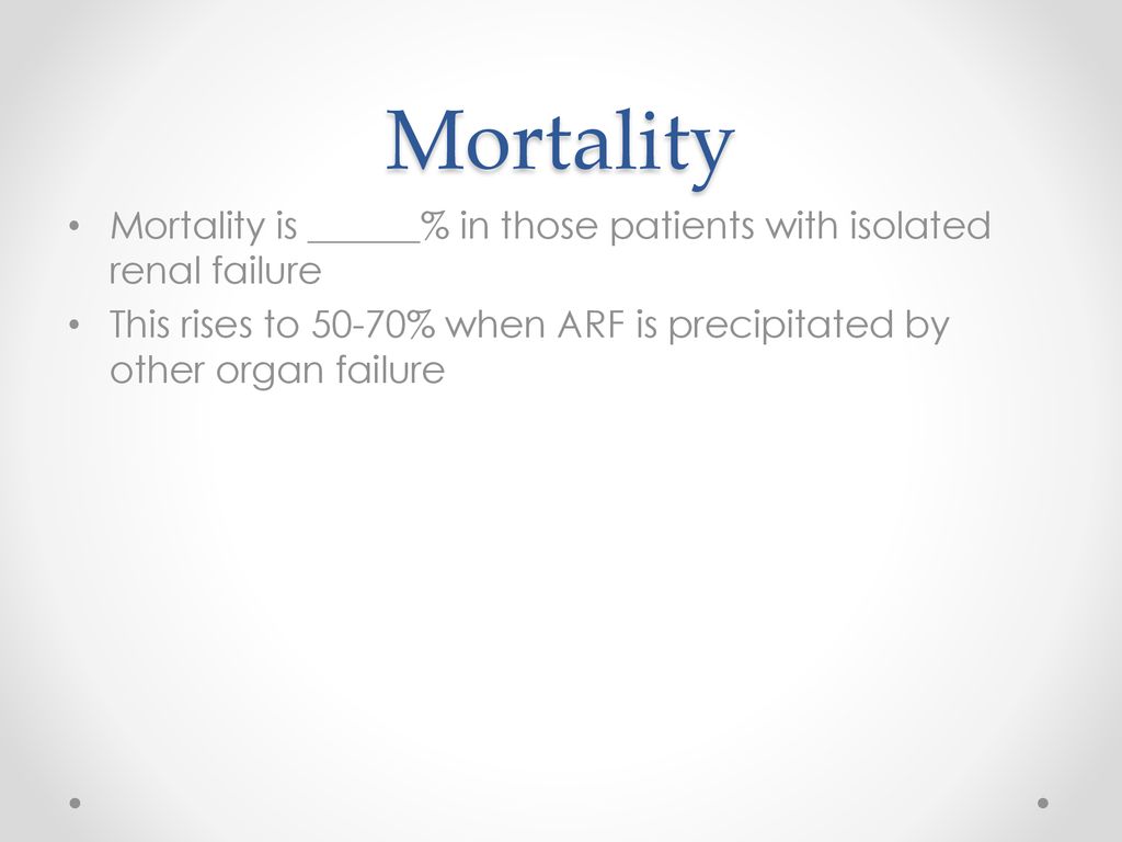 Mortality Mortality is ______% in those patients with isolated renal failure.