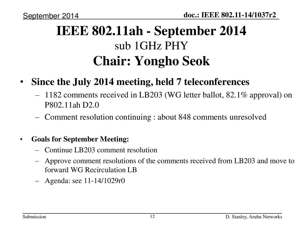 IEEE ah - September 2014 sub 1GHz PHY Chair: Yongho Seok