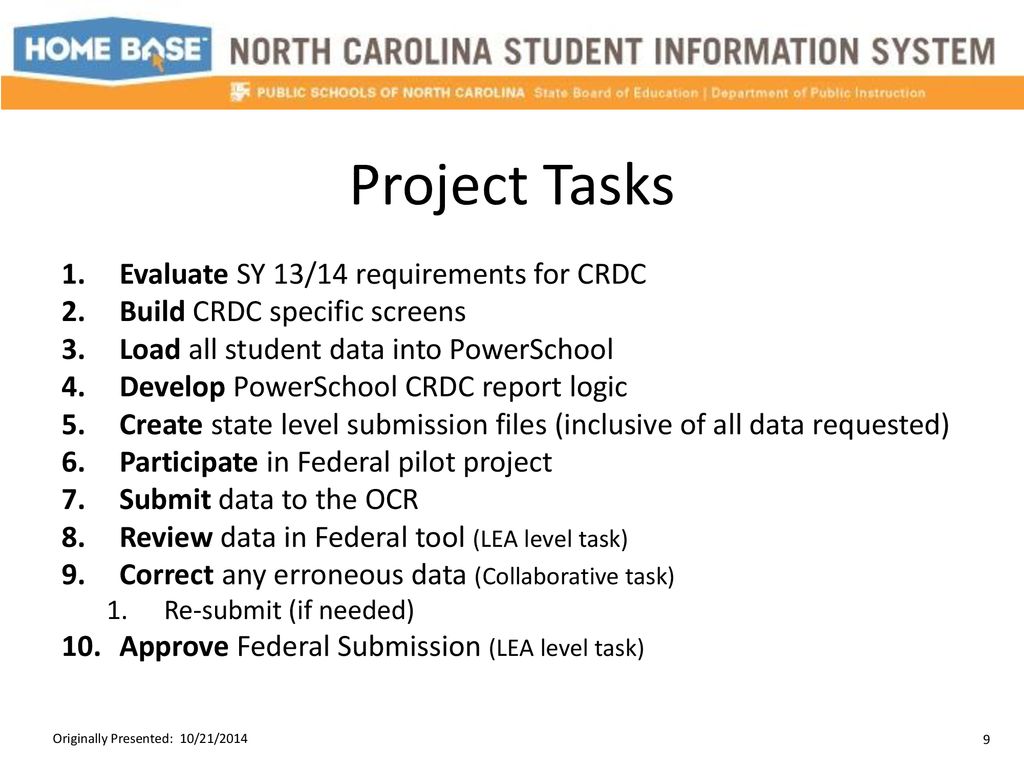 Project Tasks Evaluate SY 13/14 requirements for CRDC