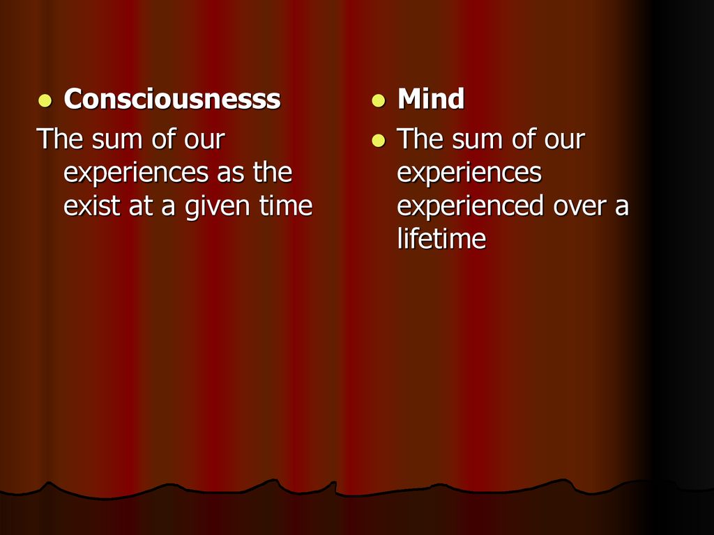 Consciousnesss The sum of our experiences as the exist at a given time.