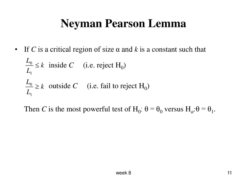 Neyman Pearson Lemma If C is a critical region of size α and k is a constant such that. inside C (i.e. reject H0)