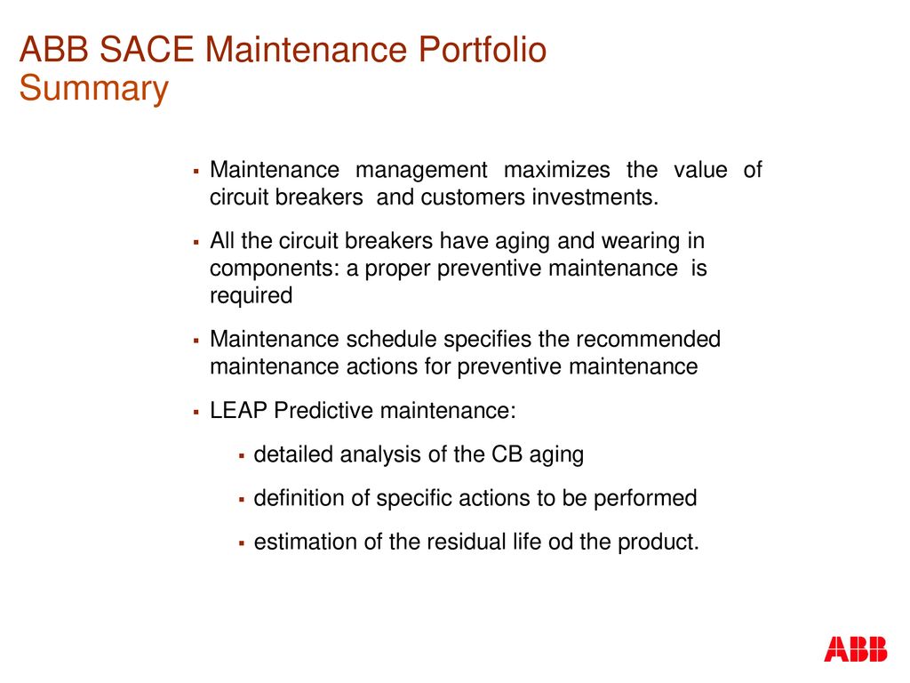 ABB SACE Maintenance Portfolio Summary