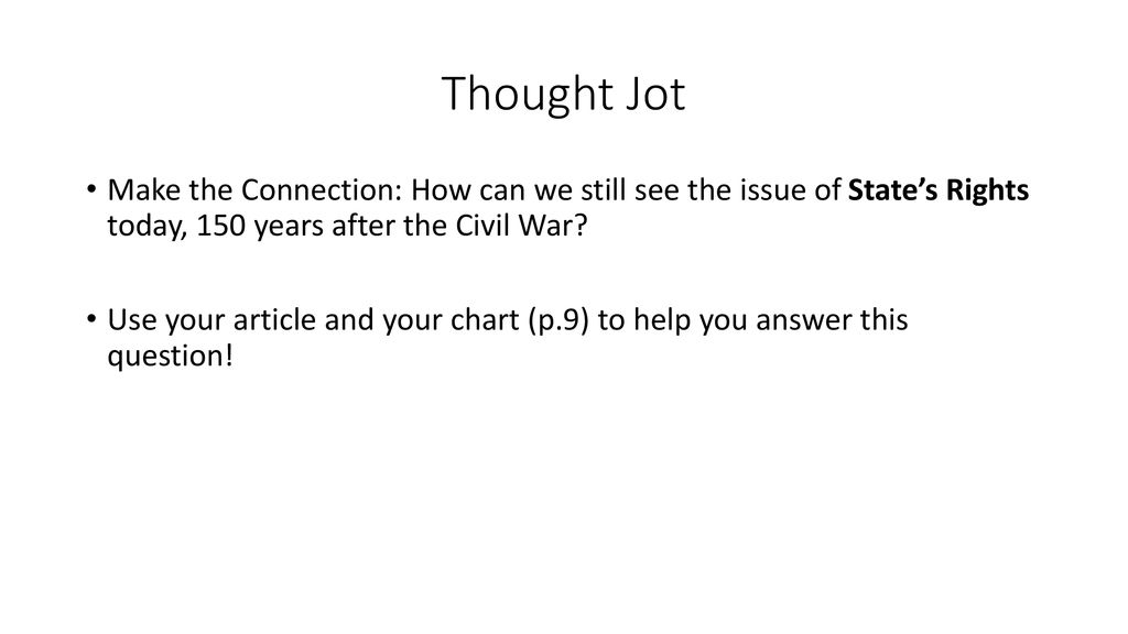 Thought Jot Make the Connection: How can we still see the issue of State’s Rights today, 150 years after the Civil War