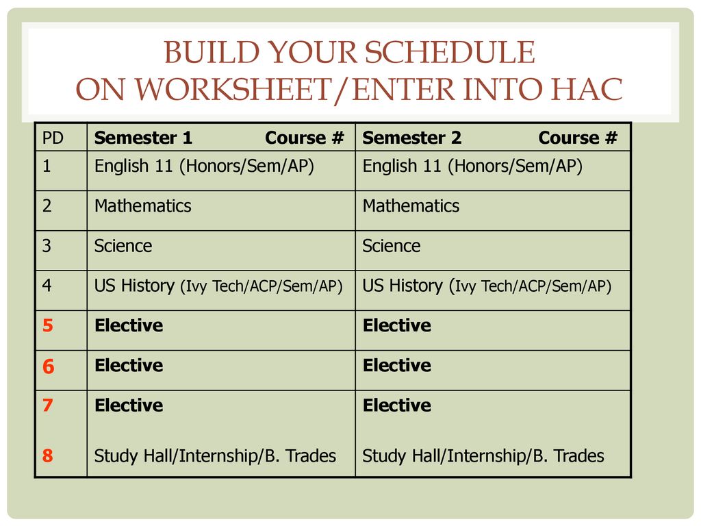 Build your schedule on worksheet/enter into HAC