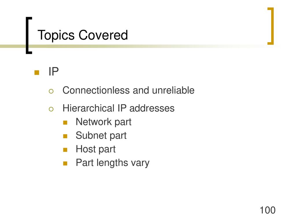 Topics Covered IP Connectionless and unreliable