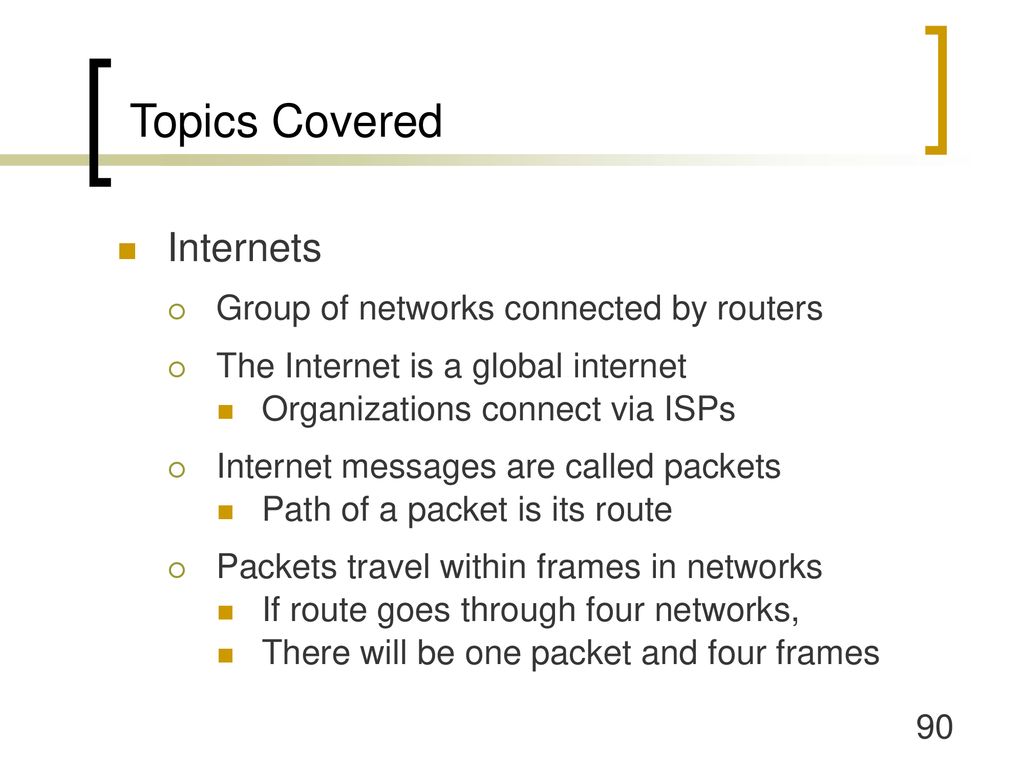 Topics Covered Internets Group of networks connected by routers