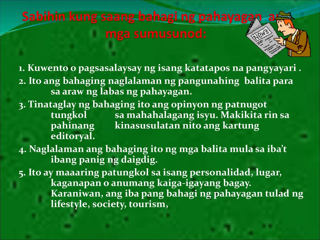 Sabihin kung saang bahagi ng pahayagan ang mga sumusunod: