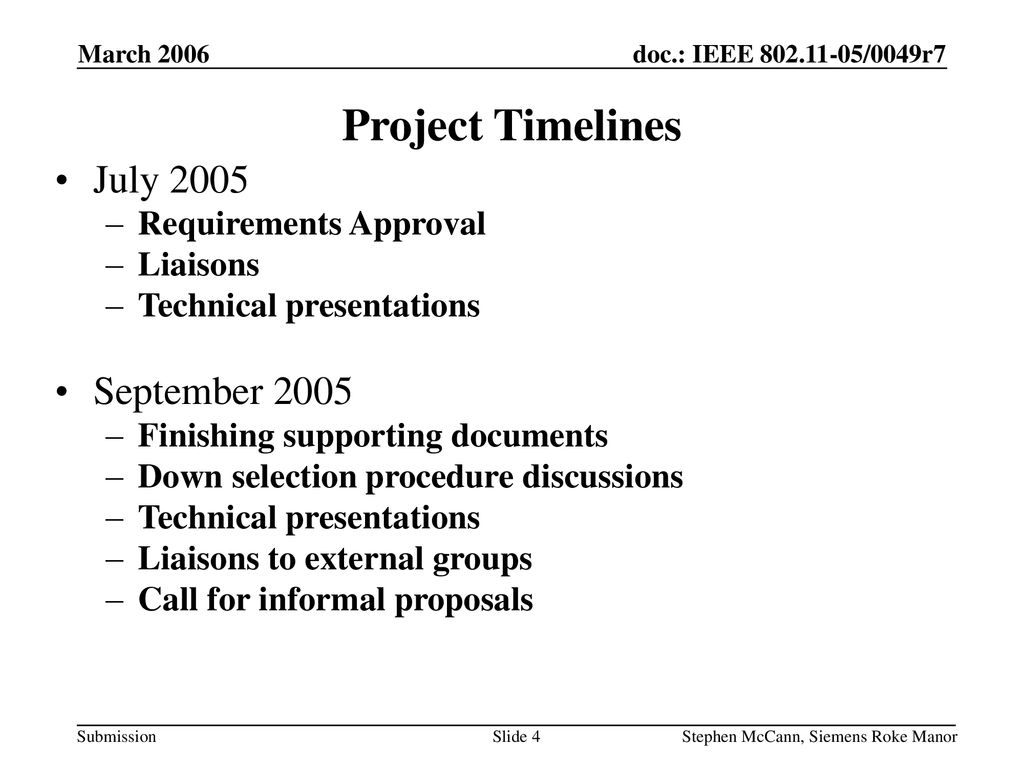 Project Timelines July 2005 September 2005 Requirements Approval