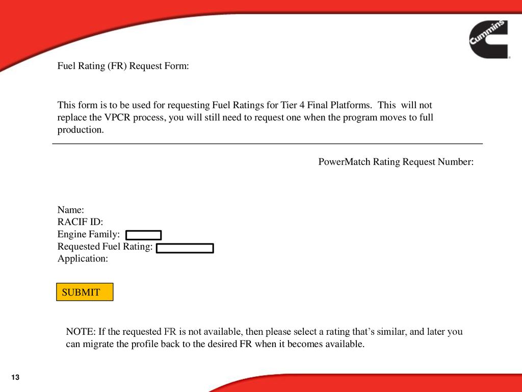 Fuel Rating (FR) Request Form: