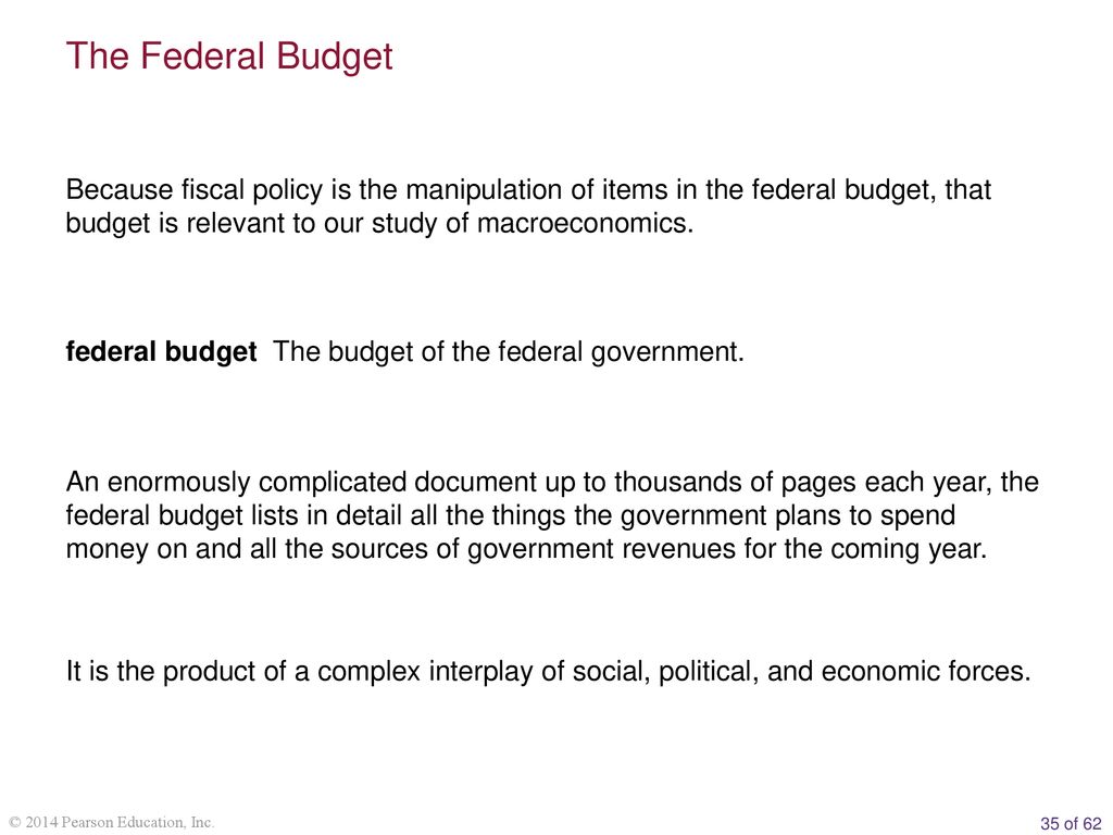 The Federal Budget Because fiscal policy is the manipulation of items in the federal budget, that budget is relevant to our study of macroeconomics.