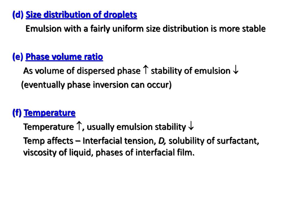 (d) Size distribution of droplets