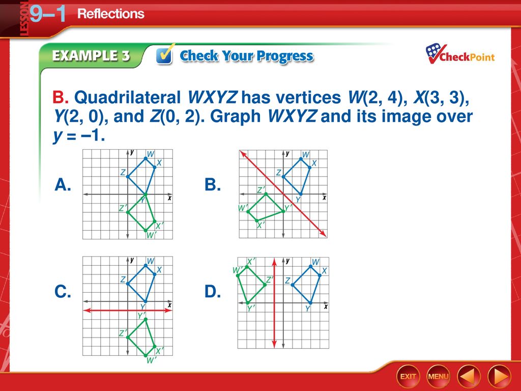 B. Quadrilateral WXYZ has vertices W(2, 4), X(3, 3), Y(2, 0), and Z(0, 2). Graph WXYZ and its image over y = –1.