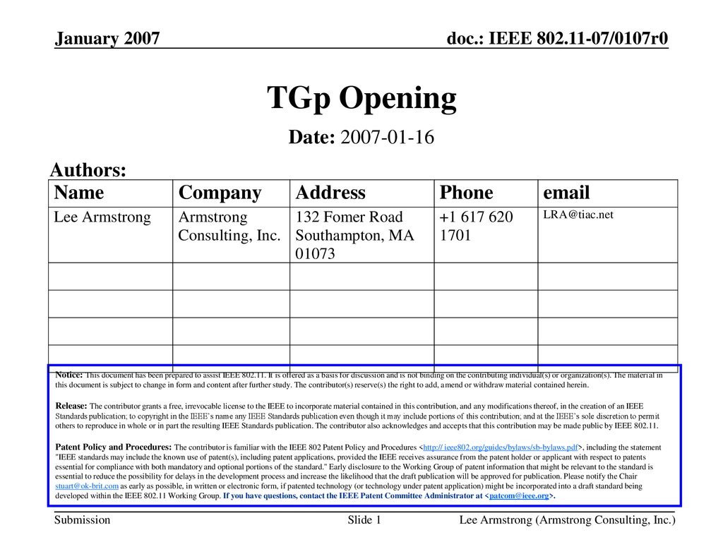TGp Opening Date: Authors: January 2007 Month Year
