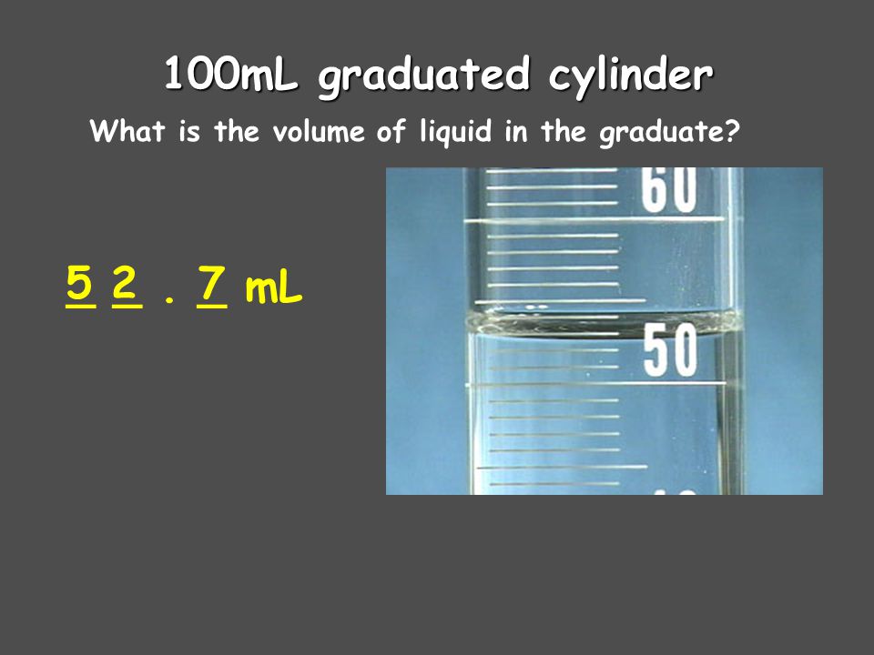 100mL graduated cylinder 5 _ _ . _ mL 2 7