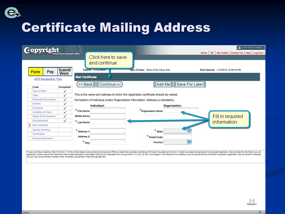 Certificate Mailing Address