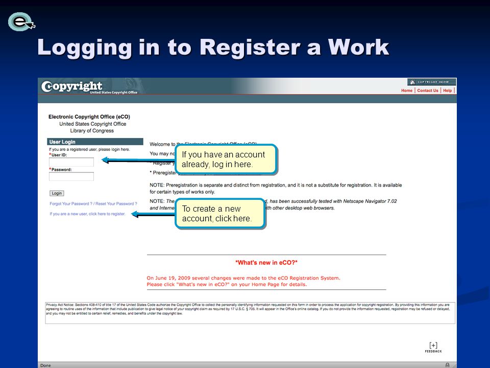 Logging in to Register a Work