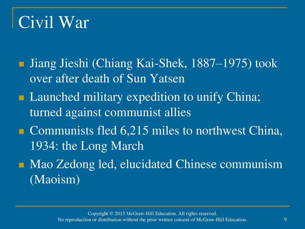 Civil War Jiang Jieshi (Chiang Kai-Shek, 1887–1975) took over after death of Sun Yatsen.