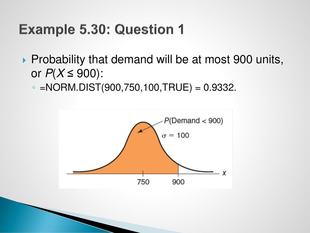 Example 5.30: Question 1 Probability that demand will be at most 900 units, or P(X ≤ 900): =NORM.DIST(900,750,100,TRUE) =