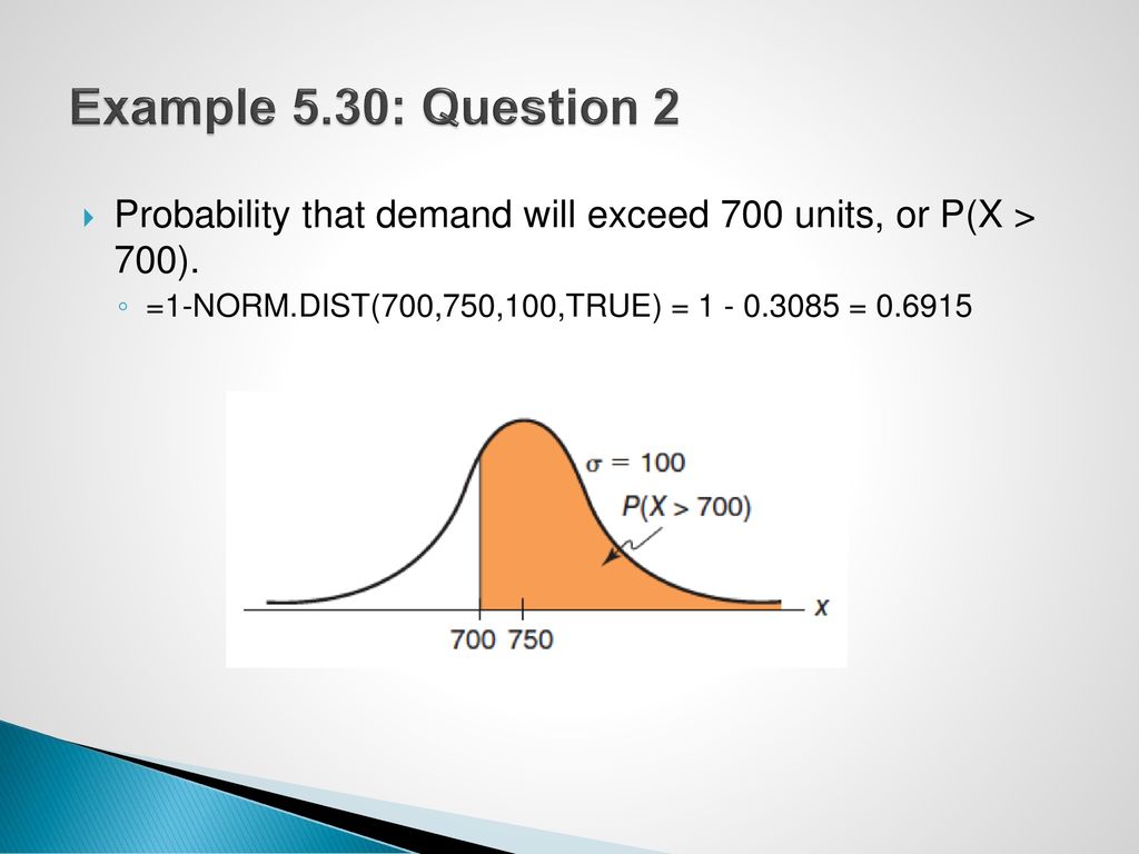 Example 5.30: Question 2 Probability that demand will exceed 700 units, or P(X > 700).