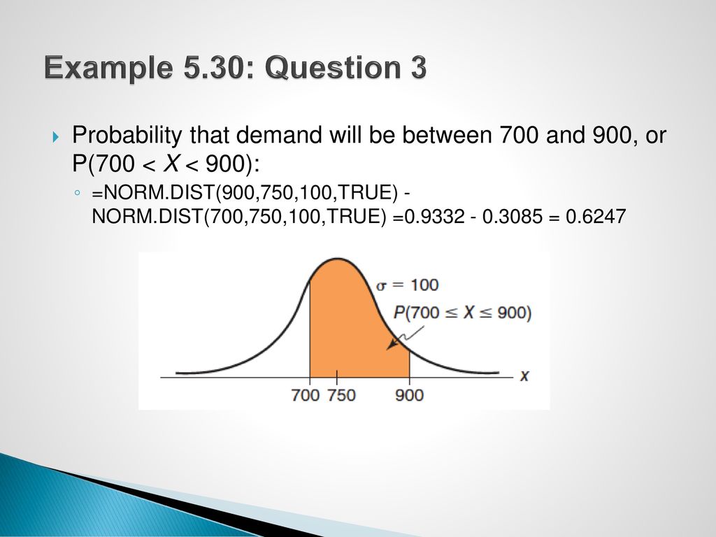Example 5.30: Question 3 Probability that demand will be between 700 and 900, or P(700 < X < 900):