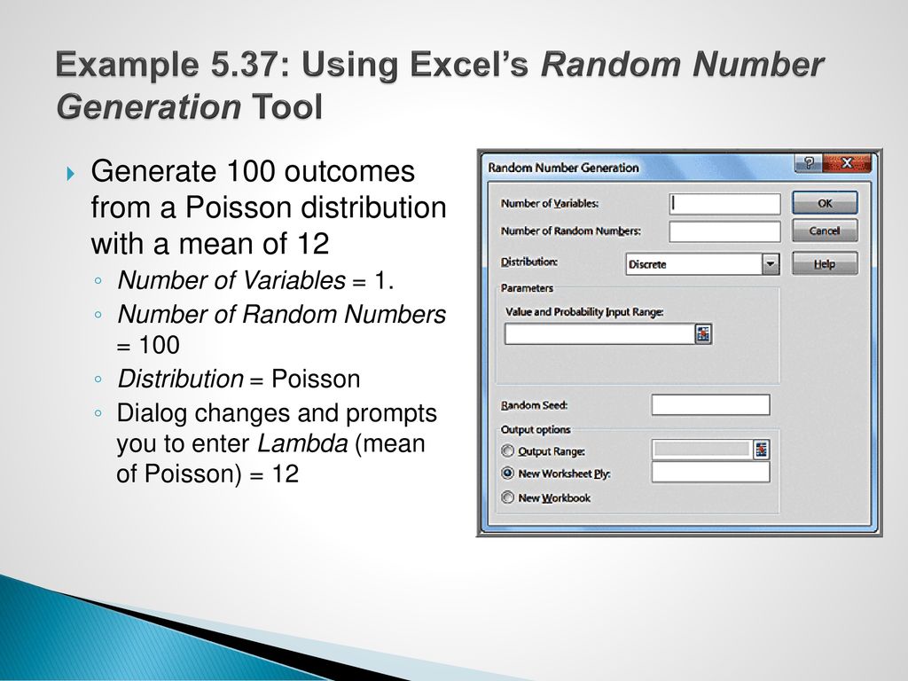 Example 5.37: Using Excel’s Random Number Generation Tool
