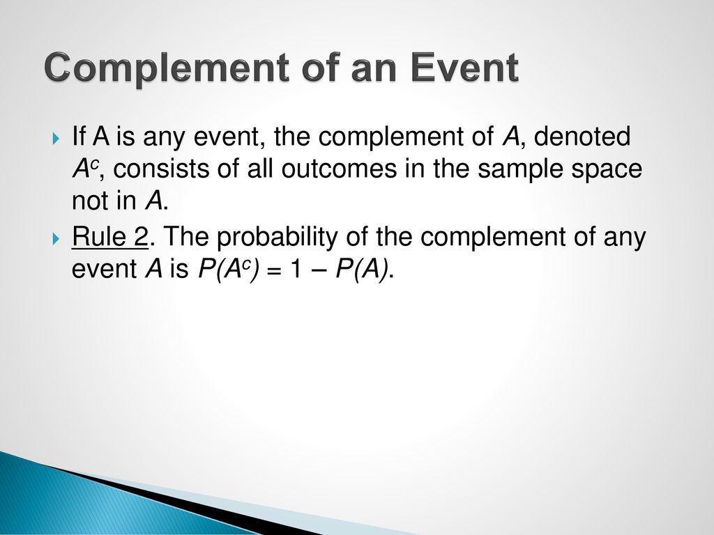 Complement of an Event If A is any event, the complement of A, denoted Ac, consists of all outcomes in the sample space not in A.