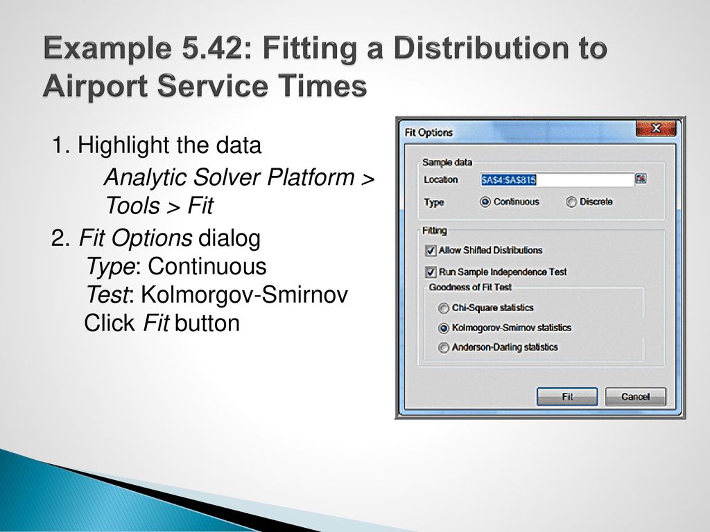 Example 5.42: Fitting a Distribution to Airport Service Times