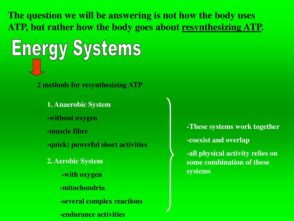 The question we will be answering is not how the body uses ATP, but rather how the body goes about resynthesizing ATP.