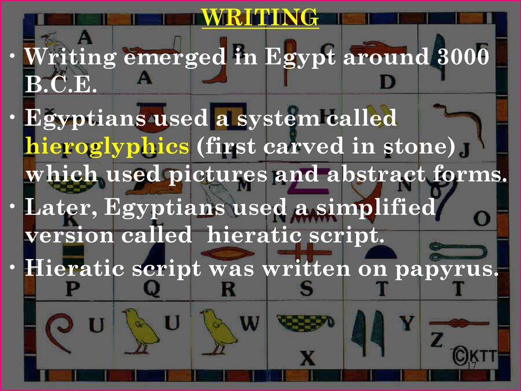 WRITING Writing emerged in Egypt around 3000 B.C.E.