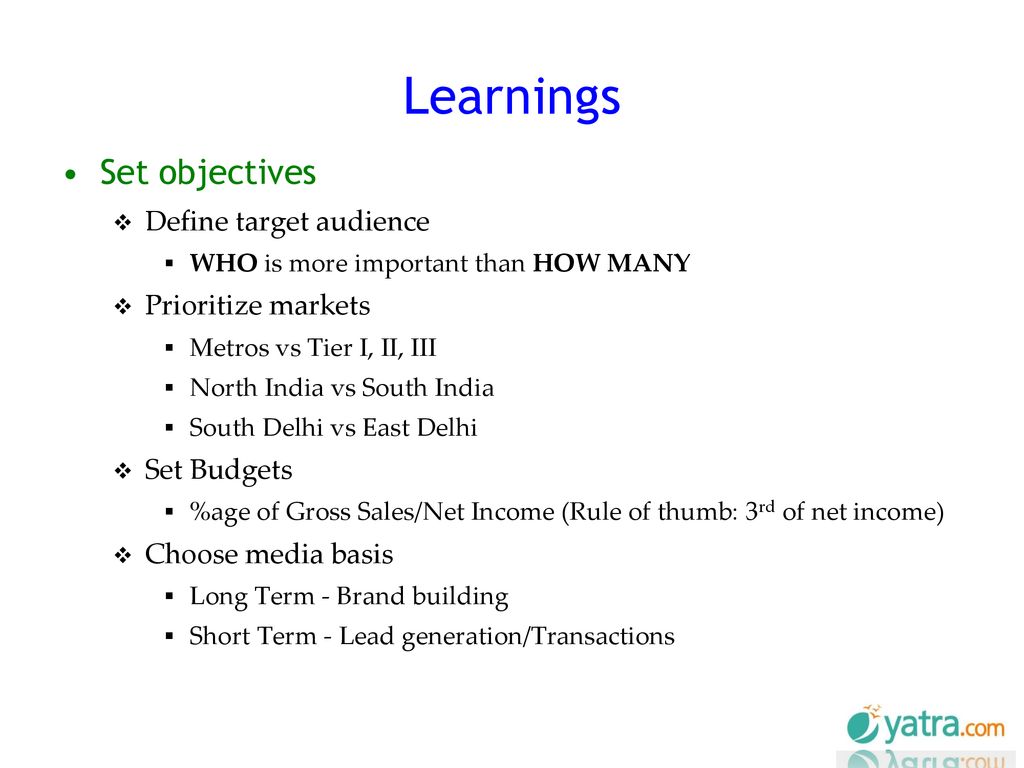 Learnings Set objectives Define target audience Prioritize markets