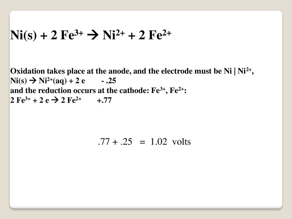 Ni(s) + 2 Fe3+  Ni Fe = 1.02 volts