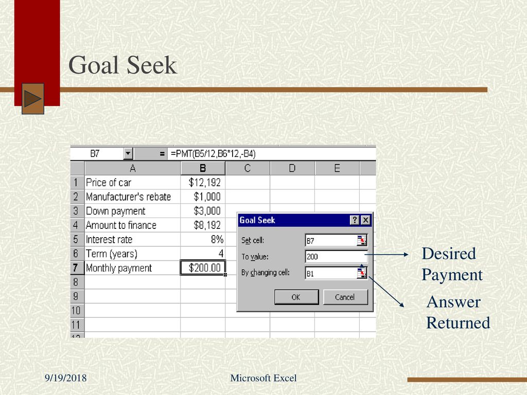 Goal Seek Desired Payment Answer Returned 9/19/2018 Microsoft Excel