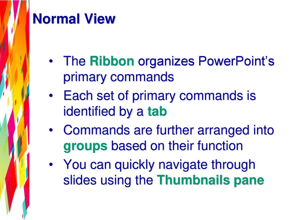 Normal View The Ribbon organizes PowerPoint’s primary commands