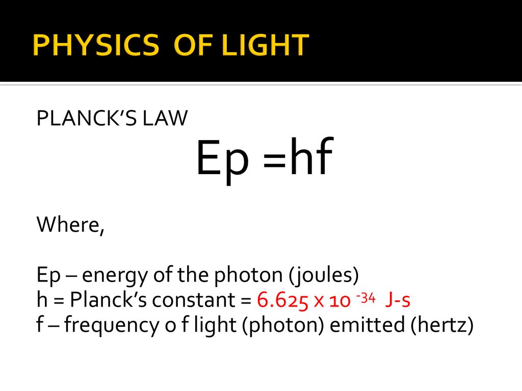 Ep =hf PHYSICS OF LIGHT PLANCK’S LAW Where,