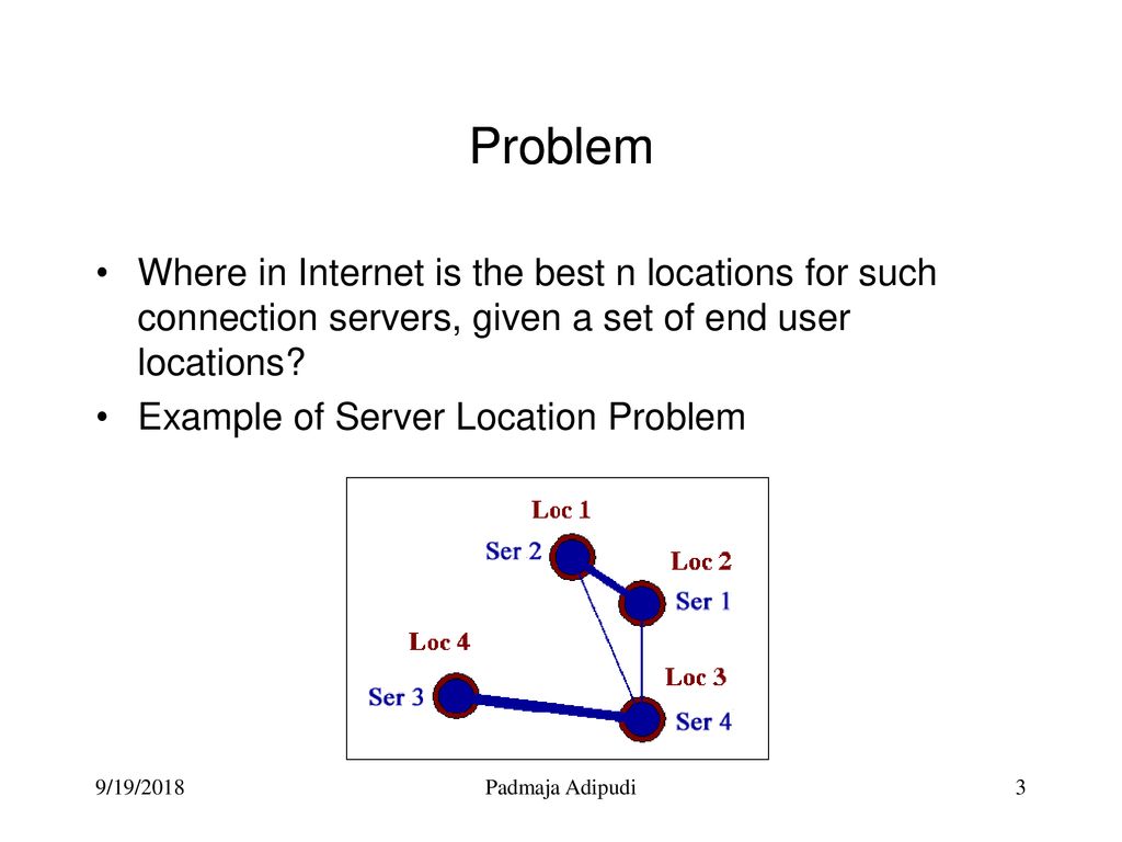 Problem Problem. Where in Internet is the best n locations for such connection servers, given a set of end user locations