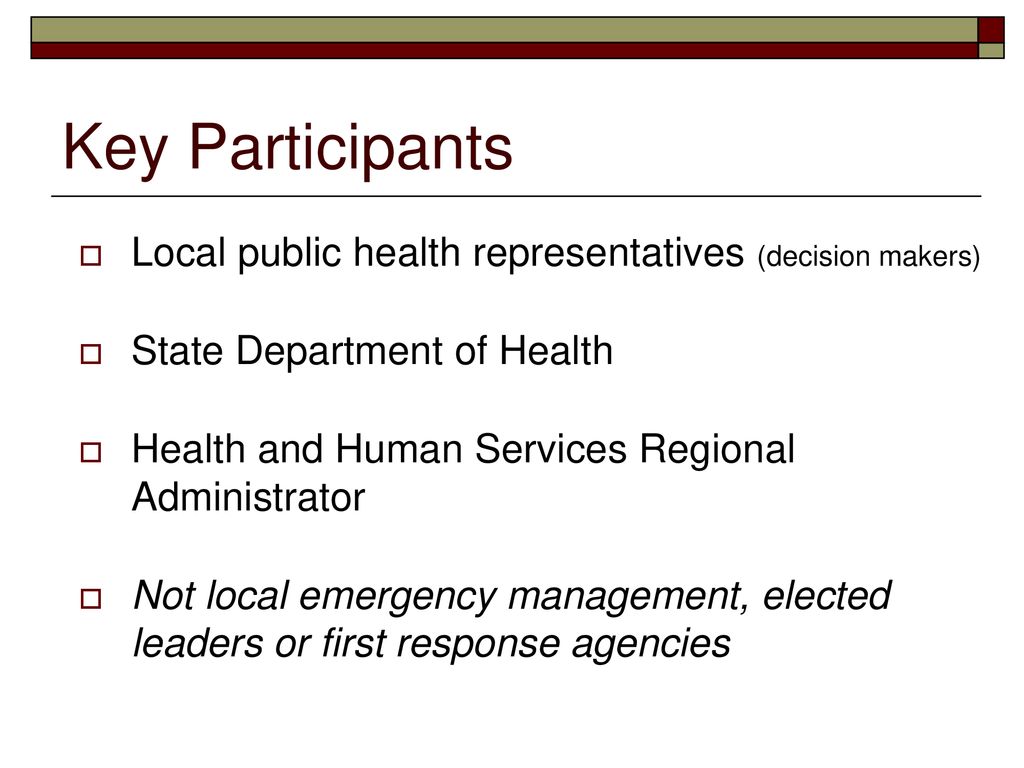 Key Participants Local public health representatives (decision makers)