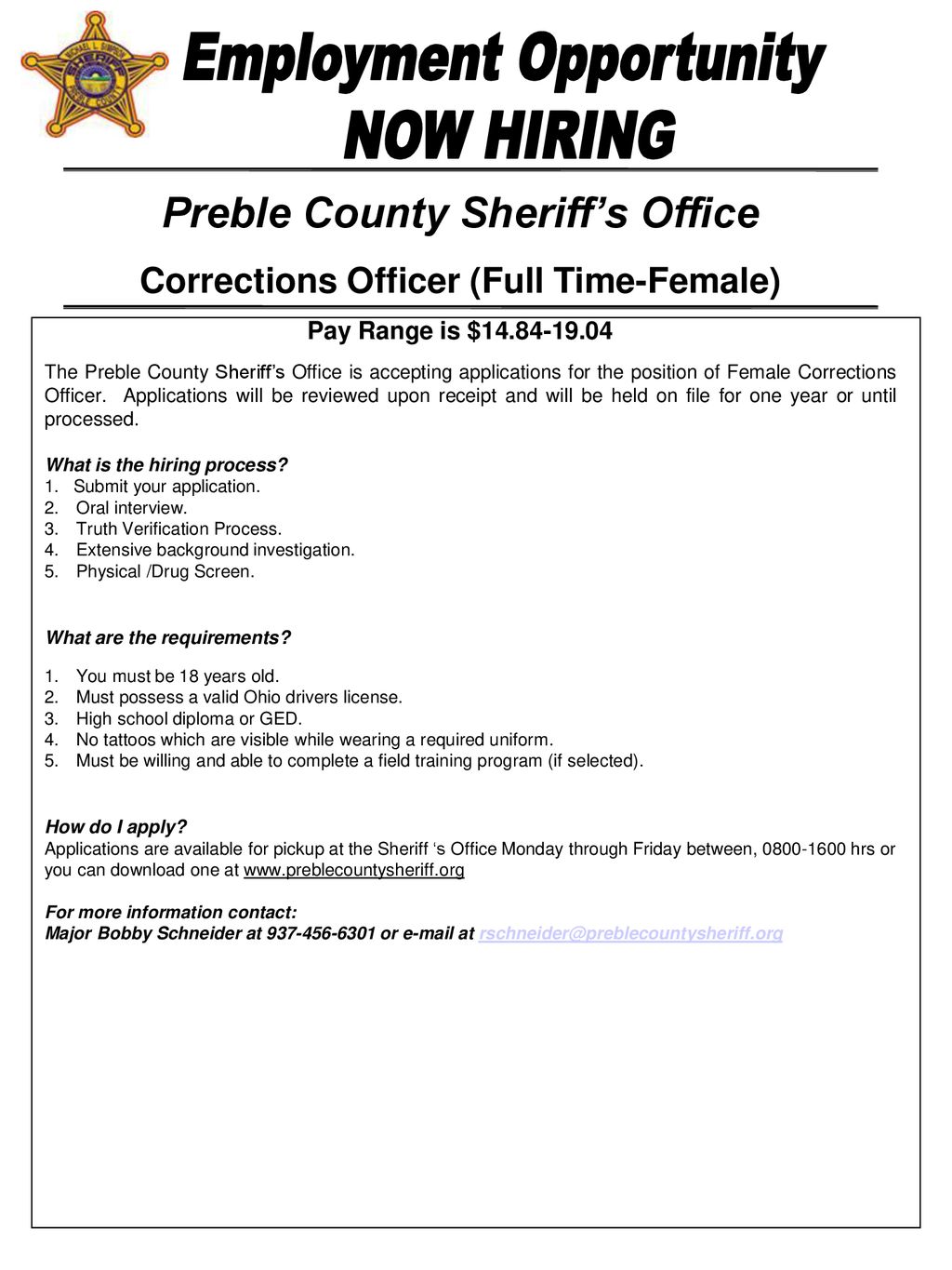 Preble County Sheriff’s Office Corrections Officer (Full TimeFemale