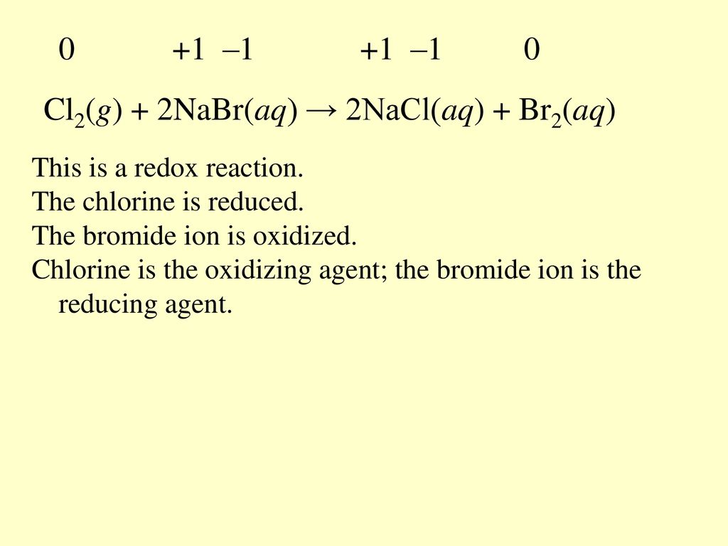 Cl2(g) + 2NaBr(aq) → 2NaCl(aq) + Br2(aq) .
