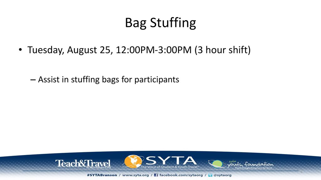 Bag Stuffing Tuesday, August 25, 12:00PM-3:00PM (3 hour shift)